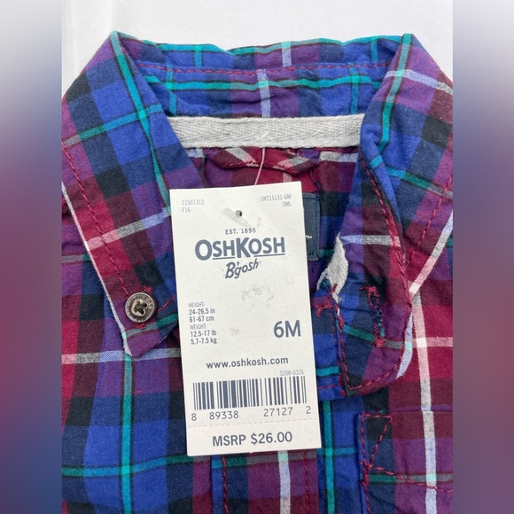 OshKosh B'gosh Boys Button-Front Plaid Bodysuit 6 Month Long Sleeve 100% Cotton - Picture 7 of 9